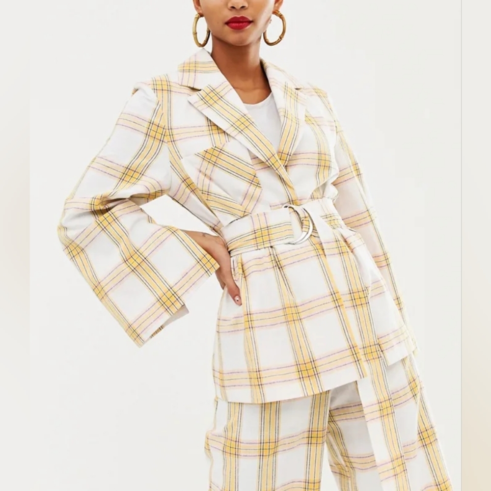 ASOS WHITE Belted Suit Jacket In Check Plaid Print Yellow